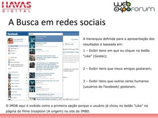 A Busca em redes sociais
O IMDB aqui é exibido como a primeira opção porque o usuário já clicou no botão “Like” na
página do filme Inception (A origem) no site do IMBD.
A hierarquia definida para a apresentação dos
resultados é baseada em:
1 – Exibir itens em que eu cliquei no botão
“Like” (Gostei);
2 – Exibir itens que meus amigos gostaram;
3 – Exibir itens que outros seres humanos
(usuários do Facebook) gostaram.
 