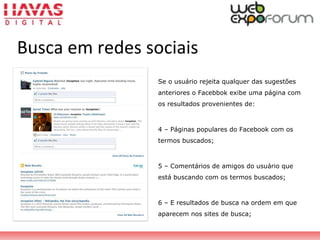 Se o usuário rejeita qualquer das sugestões
anteriores o Facebbok exibe uma página com
os resultados provenientes de:
4 – Páginas populares do Facebook com os
termos buscados;
5 – Comentários de amigos do usuário que
está buscando com os termos buscados;
6 – E resultados de busca na ordem em que
aparecem nos sites de busca;
Busca em redes sociais
 