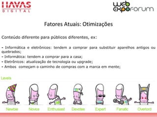 Conteúdo diferente para públicos diferentes, ex:
- Informática e eletrônicos: tendem a comprar para substituir aparelhos antigos ou
quebrados;
- Informática: tendem a comprar para a casa;
- Eletrônicos: atualização de tecnologia ou upgrade;
- Ambos começam o caminho de compras com a marca em mente;
Fatores Atuais: Otimizações
 