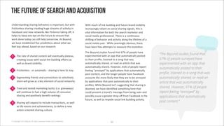 The future of search and acquisition
Z()"$0/#()+(3'0&#$+(3'4"&#B+*$0'+0'+21*$/#(/7'46/'8+/&'                 A+/&'26%&'*.',+(>'46+,)+(3'#()'.6/6$"'4$#()'B+0+4+,+/@'
.$+%:*(,"00'0&#$+(3'%$"#:(3'&63"'0/$"#20'*.'#%:B+/@'+('                 +(%$"#0+(3,@'$",+#(/'*('0*%+#,'0&#$+(3'0+3(#,07'/&+0'+0'
i#%"4**>'#()'("8'("/8*$>0',+>"'M+(/"$"0/'/#>+(3'*H7'+/'                 B+/#,'+(.*$2#:*('.*$'4*/&'/&"'0"#$%&'2#$>"/"$'#()'
&",10'/*'>""1'*("'"@"'*('/&"'.6/6$"'/*'"(06$"'/&#/'                     0*%+#,'2")+#'1$*."00+*(#,;'E&"$"'+0'#'%*(:(6*60'
8*$>')*("'/*)#@'%#('0:,,'&",1'/*2*$$*8;'I/'V"@*()7'                     0&+C+(3'*.'4"&#B+*$'#()'#%:B+/@'#,*(3'/&"',+.":2"'*.'#'
8"'&#B"'"0/#4,+0&")'?B"'1$")+%:*(0'#4*6/'8&#/'8"'                       0*%+#,'2")+#'60"$;''A&+,"'0""2+(3,@'*4B+*607'/&"$"'
."",',#@0'#&"#)7'4#0")'*('*6$'$"0"#$%&U                                 &#B"'4""('."8'#F"21/0'/*'2"#06$"'/&+0'"B*,6:*(;''
                                                                        E&"'V"@*()'0/6)+"0'.*6()'/&#/'ek_'*.'1"*1,"'&#B"'
                                                                        "51"$+2"(/")'8+/&'#('#11'/&#/'#6/*2#:%#,,@'1*0/")'
                                                                                                                                   “The Beyond studies found that
7     E&"'$#/"'*.'0&#$")'%*(/"(/'8+,,'"B"(/6#,,@'1,#/"#67'
      %$"#:(3'+006"0'8+/&'0*%+#,',+(>'46+,)+(3'"H*$/0'#0'               /*'/&"+$'1$*?,"7',+0/"(")'/*'#'0*(3'/&#/'8#0'              67% of people surveyed have
      8",,'#0'4$#()'B+0+4+,+/@;                                         #6/*2#:%#,,@'0&#$")7'*$'$"#)'#('#$:%,"'/&#/'8#0'           experimented with an app that
8
                                                                        #6/*2#:%#,,@'0&#$");'r*8"B"$7'eW_'*.'1"*1,"'$"1*$/'
                                                                                                                                   automatically posted to their
      i$+%:*(,"00'-'*$'#6/*2#:%'-'0&#$+(3'+0'&"$"'/*'0/#@;              ."",+(3'#((*@")]'4@'#11,+%#:*(0'/&#/'#6/*2#:%#,,@'
                                                                        1*0/'%*(/"(/7'#()'/&"',*(3"$'1"*1,"'&#B"'i#%"4**>'         pro#le, listened to a song that was
9     !"32"(:(3'.$+"()0'#()'%*(("%:*(0'/*'0","%:B",@'                   #%%*6(/0'/&"'2*$"',+>",@'/&#/'/&"@'#$"'/*'4"'#((*@")'      automatically shared, or read an
      0&#$"'8+,,'3$*8'#0'#'>"@'","2"(/'*.'0*%+#,'("/8*$>0;              4@'#11,+%#:*(0'/&#/'1*0/'#6/*2#:%#,,@'/*'/&"+$'            article that was automatically
                                                                        1$*?,"0;'A&+,"'V"@*()'+0(G/'0633"0:(3'/&#/'0&#$+(3'+0'
:     E$+")'#()'/"0/")'2#$>":(3'/#%:%0'g+;";'3+B"#8#@0h'                )**2")7'8"'&#B"'+)"(:?")'0*2"/&+(3'&"$"'/&#/'              shared. However, 61% of people
      8+,,'%*(:(6"'/*'.6",'#'&+3&'B*,62"'*.'%*(062"$'                   %*6,)'1$"B"(/'#'4$#()G0'2"00#3"'.$*2'4"+(3'0""('#()'       report feeling “annoyed” by
      0&#$+(3'#()'1*0+:B",@'4"("?/'$#(>+(30;                            1*00+4,@'%#60"'#'3$"#/"$')$*1-*H'.$*2'i#%"4**>'+('/&"'     applications that automatically
                                                                        .6/6$"7'#0'8",,'#0'+21")"'0*%+#,',+(>'46+,)+(3'#%:B+/@;
;     !&#$+(3'8+,,'"51#()'/*'+(%,6)"'/$#(0#%:*(07'#0'8",,'                                                                         post content.”
      #0',+."'"B"(/0'#()'#%&+"B"2"(/07'/*')"?("'#'("8'
      #%:*(-*$+"(/")'0&#$+(3'%6,/6$";


© Copyright 2012 Beyond. All rights reserved. Private and Con!dential
                                                                                              SY
 