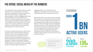 The upside: social media by the numbers




                                                                                                                                             1bn
c+0#G0'RdQ'I(/*(+*'N6%+*'$"%"(/,@'0/#/")'#/'#('#)U/"%&'
%*(."$"(%"'/&#/'$"%*22"()#:*(0'#$"'/&"'("8'
                                                                         0633"0:(3'E8+F"$'+0'#'2*$"'1*8"$.6,'/**,'.*$'
                                                                         "(3#3"2"(/7'#()'P**3,"j' '2*$"'*.'#('+21#%/'*('             facebook:
#)B"$:0+(37]'"51,#+(+(3'c+0#G0'2*B"'.$*2'#4*6/'WW_'-'                    $#(>+(30'g/&*63&'*(,@'*("',+2+/")'0/6)@'.*6()'/&+0h;
WS_'*.'+/0'2")+#'+(B"0/2"(/'+(')+3+/#,'/*'Te_;''
O"%*22"()#:*(07'$"B+"80'#()'4,*33+(3'&#B"'4"%*2"'
&+3&,@'+(f6"(:#,'0*6$%"0'*.'+(.*$2#:*('/*'/&"'                           d"#06$+(3'/&"'OQ`'*.'0*%+#,'2")+#' '4""('#'%&#,,"(3"'
                                                                                                                                       over
%*(062"$;'E*'4"F"$'6()"$0/#()'%*(062"$'4"&#B+*$7'#'                      .*$'$"0"#$%&"$0')6"'/*'/&"'*C"('+()+$"%/',+(>'/&#/'"5+0/0'
$"%"(/'0/6)@'8#0'%*21,"/")'4@'V"@*()'*.'T7YYY'60"$0'                     4"/8""('0*%+#,'2")+#'"(3#3"2"(/'#()'*6/%*2"0'06%&'
*.'0*%+#,'2")+#'+('/&"'Z!'#()'+('/&"'Z['gW7XYY'+('"#%&'                  #0'16$% +(3'4"&#B+*$7',*@#,/@'#()'$"%*22"()#:*(0;'
%*6(/$@h;'E&+0'0/6)@'8#0'6()"$/#>"('/*'3#+(')""1"$'                      V"@*()G0'!%+"(%"'*.'!&#$+(3]'0/6)+"0'8"$"')"0+3(")'/*'
+(0+3&/'+(/*'%*(062"$'4"&#B+*$'#()'/*'6()"$0/#()'                        6()"$0/#()'%*(062"$0G'*(,+("'+(/"$#%:*('8+/&'4$#()0'
8&"$"'1"*1,"'0&#$"7'#()'8&@'/&"@'0&#$";'                                 /&$*63&'0"B"$#,'%&#((",07'+(%,6)+(3'0*%+#,'2")+#;''E&"@'
                                                                         8"$"'#,0*')"0+3(")'/*'+,,62+(#/"'/&"'/@1"0'*.'#%:*('
                                                                         %*(062"$0'/#>"'#C"$'+(/"$#%:(3'8+/&'/&"'4$#()'


                                                                                                                                       active users
I/'/&"':2"'*.'8$+:(37'/&"$"'8"$"'*B"$'W'4+,,+*('#%:B"'                   /&$*63&'/&"0"'%&#((",0;'A&#/'8#0'6(%*B"$")'4@'*6$'
i#%"4**>'60"$0'8+/&'i#%"4**>'3$*8/&'"51"%/")'/*'                         01"%+#,+0/0'0&")0'("8',+3&/'*('/&"'B#,6"'*.'0"#$%&7'0*%+#,'
%*(:(6"'+('SYWT;'`('SYWW7'i#%"4**>'#%%*6(/")'.*$'                        2")+#'#()'*(,+("'MO;
XS;W_'*.'#,,'0&#$+(37'#()'+/'$"1$"0"(/0'#('*(,+("'
1*16,#:*('"96#,'/*'/&"'/&+$)',#$3"0/'%*6(/$@'*('/&"'
                                                                                                                                       twitter:


                                                                                                                                       200m 135
1,#("/;'`21*$/#(/,@'.*$'2#$>"/"$0'#()'#)B"$:0"$07'/&+0'                                                                                               google !:
1*16,#:*('+0'#B#+,#4,"'.*$')"2*3$#1&+%'/#$3":(37'
"(3#3"2"(/7'%60/*2"$'$"0"#$%&7'0"$B+%"'#()'2*$";'V@'                                                   “recommendations
                                                                                                       are the new
%*(/$#0/'E8+F"$' '*(,@'SYY'2+,,+*('60"$0'#()'P**3,"j'
 'b60/'WTX'2+,,+*(7'/&*63&'0*2"'16()+/0'#$"'
                                                                                                       advertising.”
                                                                                                                                                                  m
                                                                                                                                       active users   active users

 © Copyright 2012 Beyond. All rights reserved. Private and Con!dential
                                                                                                   ^
 