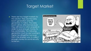 Target Market 
 There are two target markets for 
this solution. They are the baby 
boom generation and the 
generation to follow. The baby 
boom will be affected because 
they will have to ration properly in 
order to save enough money to 
live comfortably. The following 
generation must accept paying a 
higher tax altogether because 
that’s the simplest way to collect 
enough money for social security 
to live on. 
 