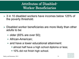  3 in 10 disabled workers have incomes below 125% of
the poverty threshold.
 Disabled worker beneficiaries are more likely than other
adults to be:
 older (65% are over 50);
 African-American;
 and have a lower educational attainment:
 almost half have a high school diploma or less;
 10% did not finish high school.
14
Bailey and Hemmeter, 2015
 