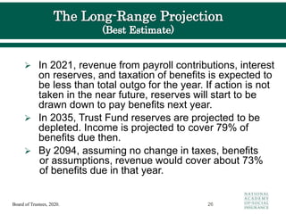  In 2021, revenue from payroll contributions, interest
on reserves, and taxation of benefits is expected to
be less than total outgo for the year. If action is not
taken in the near future, reserves will start to be
drawn down to pay benefits next year.
 In 2035, Trust Fund reserves are projected to be
depleted. Income is projected to cover 79% of
benefits due then.
 By 2094, assuming no change in taxes, benefits
or assumptions, revenue would cover about 73%
of benefits due in that year.
26
Board of Trustees, 2020.
 