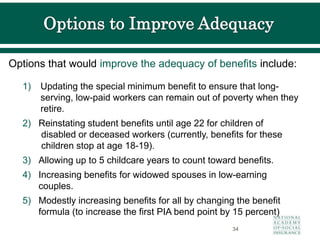 Options that would improve the adequacy of benefits include:
1) Updating the special minimum benefit to ensure that long-
serving, low-paid workers can remain out of poverty when they
retire.
2) Reinstating student benefits until age 22 for children of
disabled or deceased workers (currently, benefits for these
children stop at age 18-19).
3) Allowing up to 5 childcare years to count toward benefits.
4) Increasing benefits for widowed spouses in low-earning
couples.
5) Modestly increasing benefits for all by changing the benefit
formula (to increase the first PIA bend point by 15 percent)
34
 