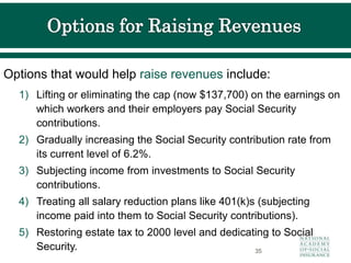 Options that would help raise revenues include:
1) Lifting or eliminating the cap (now $137,700) on the earnings on
which workers and their employers pay Social Security
contributions.
2) Gradually increasing the Social Security contribution rate from
its current level of 6.2%.
3) Subjecting income from investments to Social Security
contributions.
4) Treating all salary reduction plans like 401(k)s (subjecting
income paid into them to Social Security contributions).
5) Restoring estate tax to 2000 level and dedicating to Social
Security. 35
 