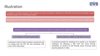Illustration
A company is sending employee A for duration of 1 year to Country B. India has an SSA with Country B and Employee A shall
therefore qualify as an ‘international worker’
By obtaining COC from EPFO in India he can get detachment from contribution in Country B under its social security programmes
Employee B, a national of Country B, is sent to India by his company on an assignment for a period of a year
It would be possible for Employee B to qualify as an ‘excluded
employee’ by obtaining a COC from the social security
authorities at Country B and thereby avoid incurring social
security expenses in India
Employee B and his Indian employer would have had
to comply with the EPF Act and contribute 12%
each, of the total salary
Where India has in effect an SSA with Country BIn the absence of India-Country B SSA
 