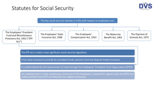 Statutes for Social Security
The Payment of
Gratuity Act, 1972
The Maternity
Benefit Act, 1961
The Employees’
Compensation Act, 1923
The Employees’ State
Insurance Act, 1948
The key social security statutes in India with respect to employees are:
The Employees’ Provident
Fund and Miscellaneous
Provisions Act, 1952 (“EPF
Act”)
The EPF Act is India’s most significant social security legislation
It has been enacted to provide for provident funds, pension fund and deposit-linked insurance
It is administered by the Government of India through the Employees’ Provident Fund Organisation (EPFO)
An establishment in India, employing a minimum of 20 employees is required to register with the EPFO and
make provident fund (PF) contributions for eligible employees
 