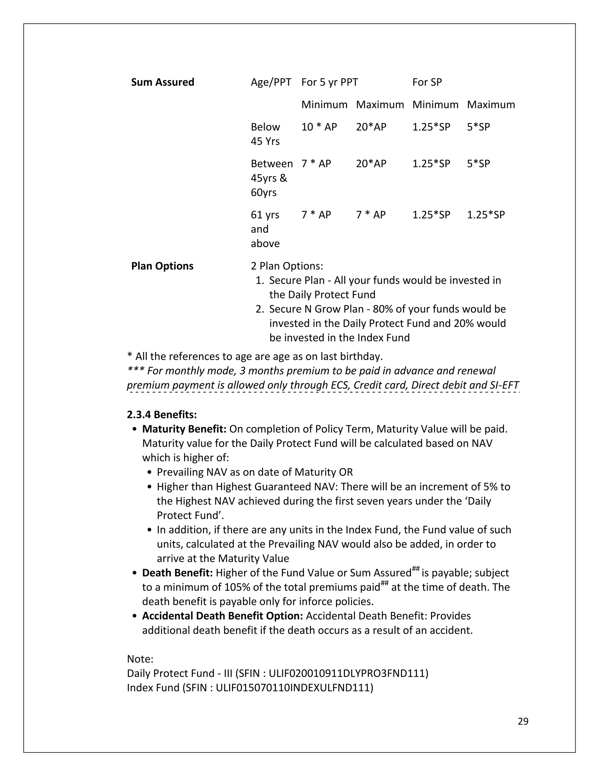 Sum Assured               Age/PPT For 5 yr PPT               For SP
                                     Minimum Maximum Minimum Maximum
                          Below      10 * AP     20*AP       1.25*SP     5*SP
                          45 Yrs
                          Between 7 * AP         20*AP       1.25*SP     5*SP
                          45yrs &
                          60yrs
                          61 yrs     7 * AP      7 * AP      1.25*SP     1.25*SP
                          and
                          above
Plan Options              2 Plan Options:
                           1. Secure Plan - All your funds would be invested in
                              the Daily Protect Fund
                           2. Secure N Grow Plan - 80% of your funds would be
                              invested in the Daily Protect Fund and 20% would
                              be invested in the Index Fund
* All the references to age are age as on last birthday.
*** For monthly mode, 3 months premium to be paid in advance and renewal
premium payment is allowed only through ECS, Credit card, Direct debit and SI-EFT

2.3.4 Benefits:
 • Maturity Benefit: On completion of Policy Term, Maturity Value will be paid.
   Maturity value for the Daily Protect Fund will be calculated based on NAV
   which is higher of:
    • Prevailing NAV as on date of Maturity OR
    • Higher than Highest Guaranteed NAV: There will be an increment of 5% to
      the Highest NAV achieved during the first seven years under the ‘Daily
      Protect Fund’.
    • In addition, if there are any units in the Index Fund, the Fund value of such
      units, calculated at the Prevailing NAV would also be added, in order to
      arrive at the Maturity Value
 • Death Benefit: Higher of the Fund Value or Sum Assured## is payable; subject
   to a minimum of 105% of the total premiums paid## at the time of death. The
   death benefit is payable only for inforce policies.
 • Accidental Death Benefit Option: Accidental Death Benefit: Provides
   additional death benefit if the death occurs as a result of an accident.

Note:
Daily Protect Fund - III (SFIN : ULIF020010911DLYPRO3FND111)
Index Fund (SFIN : ULIF015070110INDEXULFND111)

                                                                                      29
 