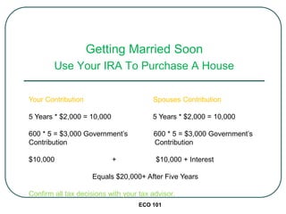 Getting Married Soon
Use Your IRA To Purchase A House
ECO 101
Your Contribution Spouses Contribution
5 Years * $2,000 = 10,000 5 Years * $2,000 = 10,000
600 * 5 = $3,000 Government’s 600 * 5 = $3,000 Government’s
Contribution Contribution
$10,000 + $10,000 + Interest
Equals $20,000+ After Five Years
Confirm all tax decisions with your tax advisor.
 