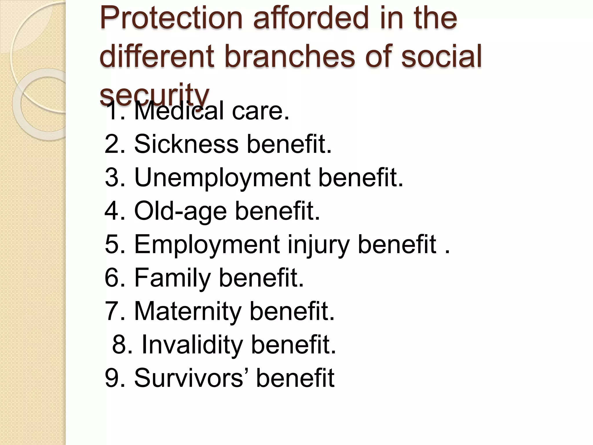 Protection afforded in the
different branches of social
security1. Medical care.
2. Sickness benefit.
3. Unemployment benefit.
4. Old-age benefit.
5. Employment injury benefit .
6. Family benefit.
7. Maternity benefit.
8. Invalidity benefit.
9. Survivors’ benefit
 
