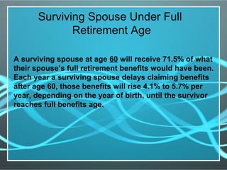 Surviving Spouse Under Full
Retirement Age
A surviving spouse at age 60 will receive 71.5% of what
their spouse’s full retirement benefits would have been.
Each year a surviving spouse delays claiming benefits
after age 60, those benefits will rise 4.1% to 5.7% per
year, depending on the year of birth, until the survivor
reaches full benefits age.
 