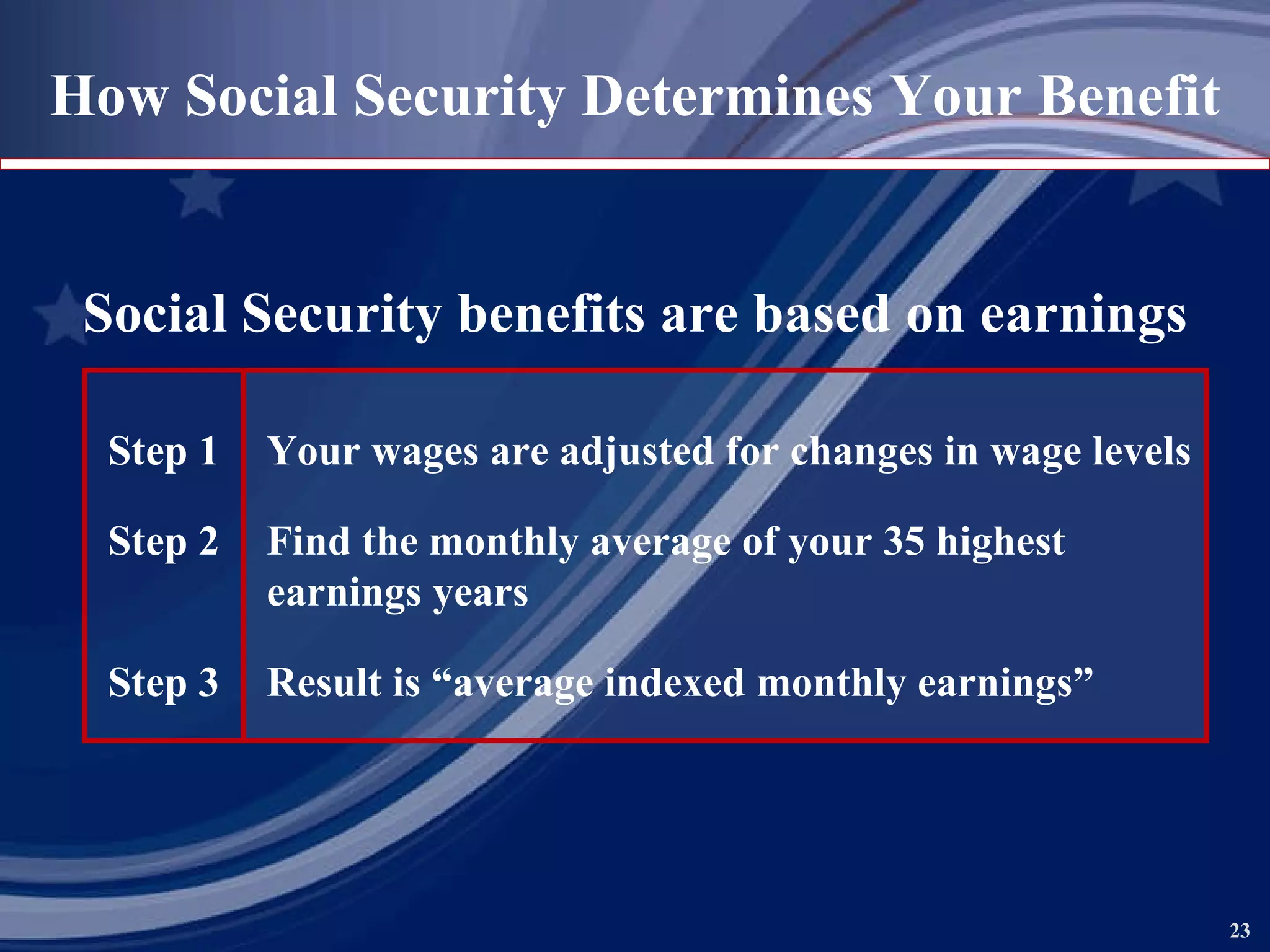 How Social Security Determines Your Benefit Social Security benefits are based on earnings Step 1 Your wages are adjusted for changes in wage levels Step 2 Find the monthly average of your 35 highest  earnings years Step 3 Result is “average indexed monthly earnings” 