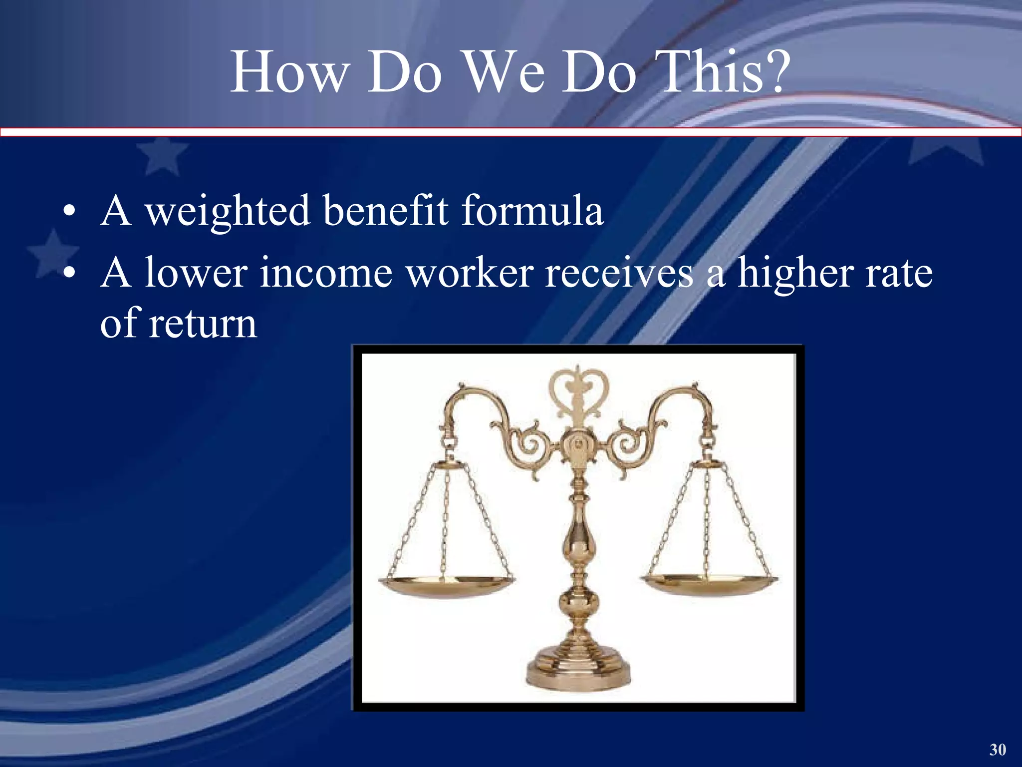 How Do We Do This? A weighted benefit formula A lower income worker receives a higher rate of return  