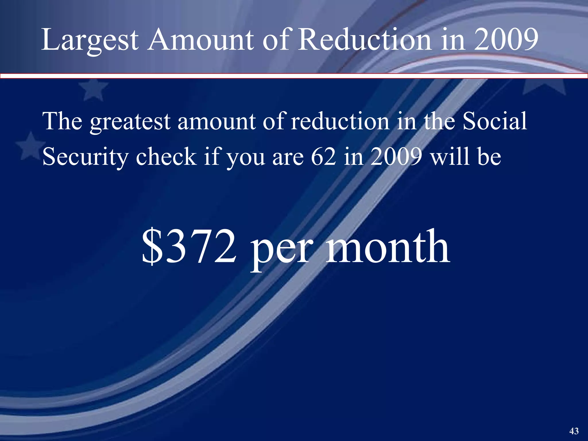 Largest Amount of Reduction in 2009   The greatest amount of reduction in the Social Security check if you are 62 in 2009 will be $372 per month 