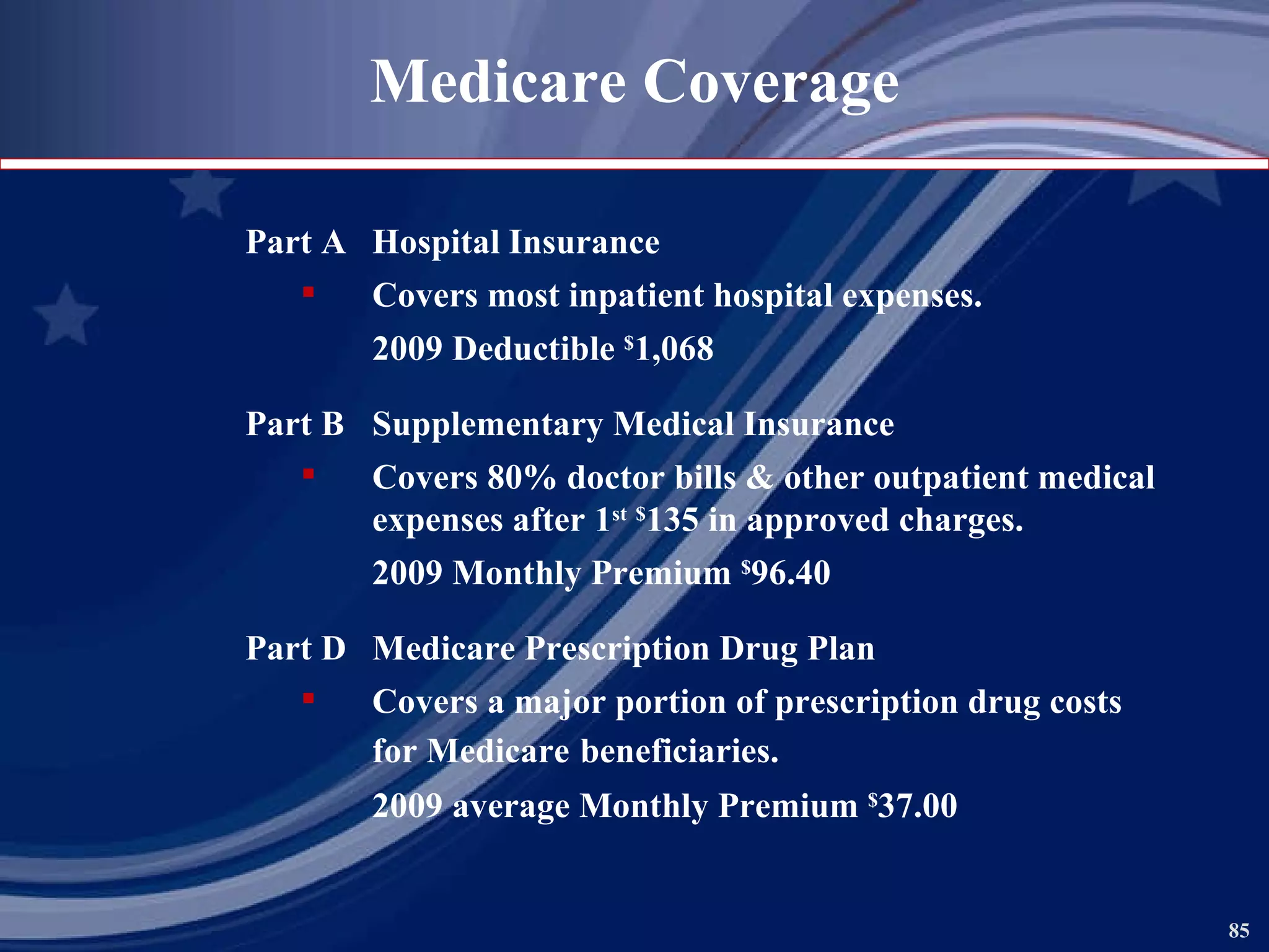 Medicare Coverage Part A Hospital Insurance Covers most inpatient hospital expenses.  2009 Deductible  $ 1,068 Part B Supplementary Medical Insurance Covers 80% doctor bills & other outpatient medical  expenses after 1 st   $ 135 in approved charges. 2009 Monthly Premium  $ 96.40 Part D Medicare Prescription Drug Plan Covers a major portion of prescription drug costs for Medicare   beneficiaries.  2009 average Monthly Premium  $ 37.00 