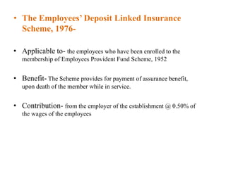• The Employees’ Deposit Linked Insurance
Scheme, 1976-
• Applicable to- the employees who have been enrolled to the
membership of Employees Provident Fund Scheme, 1952
• Benefit- The Scheme provides for payment of assurance benefit,
upon death of the member while in service.
• Contribution- from the employer of the establishment @ 0.50% of
the wages of the employees
 