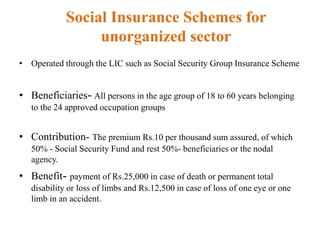 Social Insurance Schemes for
unorganized sector
• Operated through the LIC such as Social Security Group Insurance Scheme
• Beneficiaries- All persons in the age group of 18 to 60 years belonging
to the 24 approved occupation groups
• Contribution- The premium Rs.10 per thousand sum assured, of which
50% - Social Security Fund and rest 50%- beneficiaries or the nodal
agency.
• Benefit- payment of Rs.25,000 in case of death or permanent total
disability or loss of limbs and Rs.12,500 in case of loss of one eye or one
limb in an accident.
 