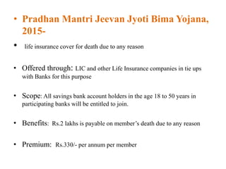 • Pradhan Mantri Jeevan Jyoti Bima Yojana,
2015-
• life insurance cover for death due to any reason
• Offered through: LIC and other Life Insurance companies in tie ups
with Banks for this purpose
• Scope: All savings bank account holders in the age 18 to 50 years in
participating banks will be entitled to join.
• Benefits: Rs.2 lakhs is payable on member’s death due to any reason
• Premium: Rs.330/- per annum per member
 