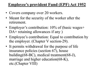 Employee’s provident Fund (EPF) Act 1952
• Covers company over 20 workers.
• Meant for the security of the worker after the
retirement.
• Employer’s contribution: 10% of (basic wages+
DA+ retaining allowances if any )
• Employee’s contribution: Equal to contribution by
the employer. (Chapter V section-29).
• It permits withdrawal for the purpose of life
insurance policies (section 67), house
building(68-BC), medical treatment(68-J),
marriage and higher education(68-K),
etc.(Chapter VIII)
 