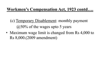 Workmen’s Compensation Act, 1923 contd….
(c) Temporary Disablement: monthly payment
@50% of the wages upto 5 years
• Maximum wage limit is changed from Rs 4,000 to
Rs 8,000.(2009 amendment)
 
