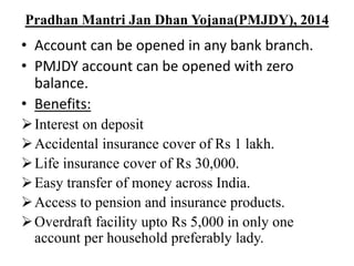 Pradhan Mantri Jan Dhan Yojana(PMJDY), 2014
• Account can be opened in any bank branch.
• PMJDY account can be opened with zero
balance.
• Benefits:
Interest on deposit
Accidental insurance cover of Rs 1 lakh.
Life insurance cover of Rs 30,000.
Easy transfer of money across India.
Access to pension and insurance products.
Overdraft facility upto Rs 5,000 in only one
account per household preferably lady.
 