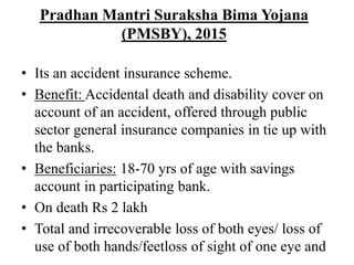 Pradhan Mantri Suraksha Bima Yojana
(PMSBY), 2015
• Its an accident insurance scheme.
• Benefit: Accidental death and disability cover on
account of an accident, offered through public
sector general insurance companies in tie up with
the banks.
• Beneficiaries: 18-70 yrs of age with savings
account in participating bank.
• On death Rs 2 lakh
• Total and irrecoverable loss of both eyes/ loss of
use of both hands/feetloss of sight of one eye and
 