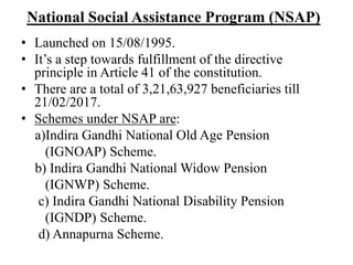 National Social Assistance Program (NSAP)
• Launched on 15/08/1995.
• It’s a step towards fulfillment of the directive
principle in Article 41 of the constitution.
• There are a total of 3,21,63,927 beneficiaries till
21/02/2017.
• Schemes under NSAP are:
a)Indira Gandhi National Old Age Pension
(IGNOAP) Scheme.
b) Indira Gandhi National Widow Pension
(IGNWP) Scheme.
c) Indira Gandhi National Disability Pension
(IGNDP) Scheme.
d) Annapurna Scheme.
 