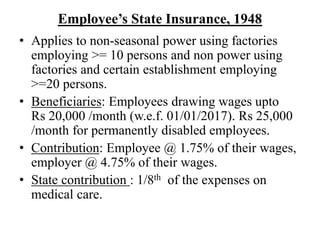 Employee’s State Insurance, 1948
• Applies to non-seasonal power using factories
employing >= 10 persons and non power using
factories and certain establishment employing
>=20 persons.
• Beneficiaries: Employees drawing wages upto
Rs 20,000 /month (w.e.f. 01/01/2017). Rs 25,000
/month for permanently disabled employees.
• Contribution: Employee @ 1.75% of their wages,
employer @ 4.75% of their wages.
• State contribution : 1/8th of the expenses on
medical care.
 