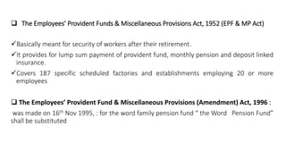  The Employees’ Provident Funds & Miscellaneous Provisions Act, 1952 (EPF & MP Act)
Basically meant for security of work...