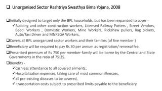  Unorganised Sector Rashtriya Swasthya Bima Yojana, 2008
Initially designed to target only the BPL households, but has b...