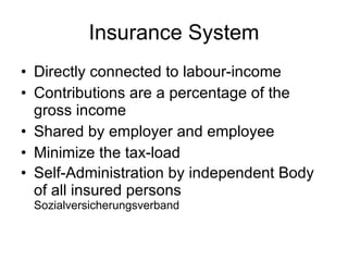 Insurance System Directly connected to labour-income Contributions are a percentage of the gross income Shared by employer and employee Minimize the tax-load Self-Administration by independent Body of all insured persons  Sozialversicherungsverband 