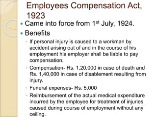 Employees Compensation Act,
1923
 Came into force from 1st July, 1924.
 Benefits
◦ If personal injury is caused to a workman by
accident arising out of and in the course of his
employment his employer shall be liable to pay
compensation.
◦ Compensation- Rs. 1,20,000 in case of death and
Rs. 1,40,000 in case of disablement resulting from
injury.
◦ Funeral expenses- Rs. 5,000
◦ Reimbursement of the actual medical expenditure
incurred by the employee for treatment of injuries
caused during course of employment without any
ceiling.
 