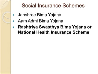 Social Insurance Schemes
 Janshree Bima Yojana
 Aam Admi Bima Yojana
 Rashtriya Swasthya Bima Yojana or
National Health Insurance Scheme
 