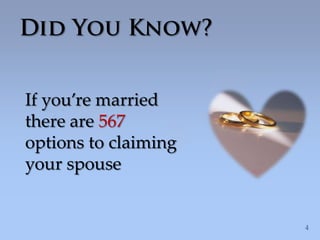If you’re married
there are 567
options to claiming
your spouse
 