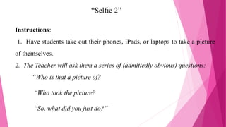 References:
Catalano, L. 2014. Selfies as sociological exercise. Retrieved from
https://thesocietypages.org/teaching/2014/...