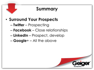 Summary
• Surround Your Prospects
– Twitter – Prospecting
– Facebook – Close relationships
– LinkedIn – Prospect, develop
...