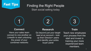 20
 Start social selling today
Finding the Right People
2
Research
Go beyond just your target
lead at an account – look
up their Director+ peers
and identify your entire
buyer panel
3
Train
Teach new employees
your process from the
start and invest in
training your more
experienced team
members.
Connect
Have your sales team
connect to one another on
LinkedIn to start unlocking
the power of your
combined networks
1
Fast Tips
 
