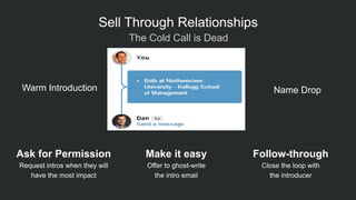 Ask for Permission
Request intros when they will
have the most impact
Make it easy
Offer to ghost-write
the intro email
Follow-through
Close the loop with
the introducer
 The Cold Call is Dead
Sell Through Relationships
Warm Introduction Name Drop
 