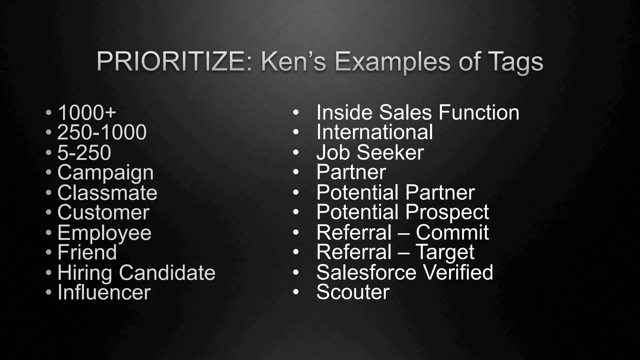 • 1000+
• 250-1000
• 5-250
• Campaign
• Classmate
• Customer
• Employee
• Friend
• Hiring Candidate
• Influencer
•  Inside Sales Function
•  International
•  Job Seeker
•  Partner
•  Potential Partner
•  Potential Prospect
•  Referral – Commit
•  Referral – Target
•  Salesforce Verified
•  Scouter
 