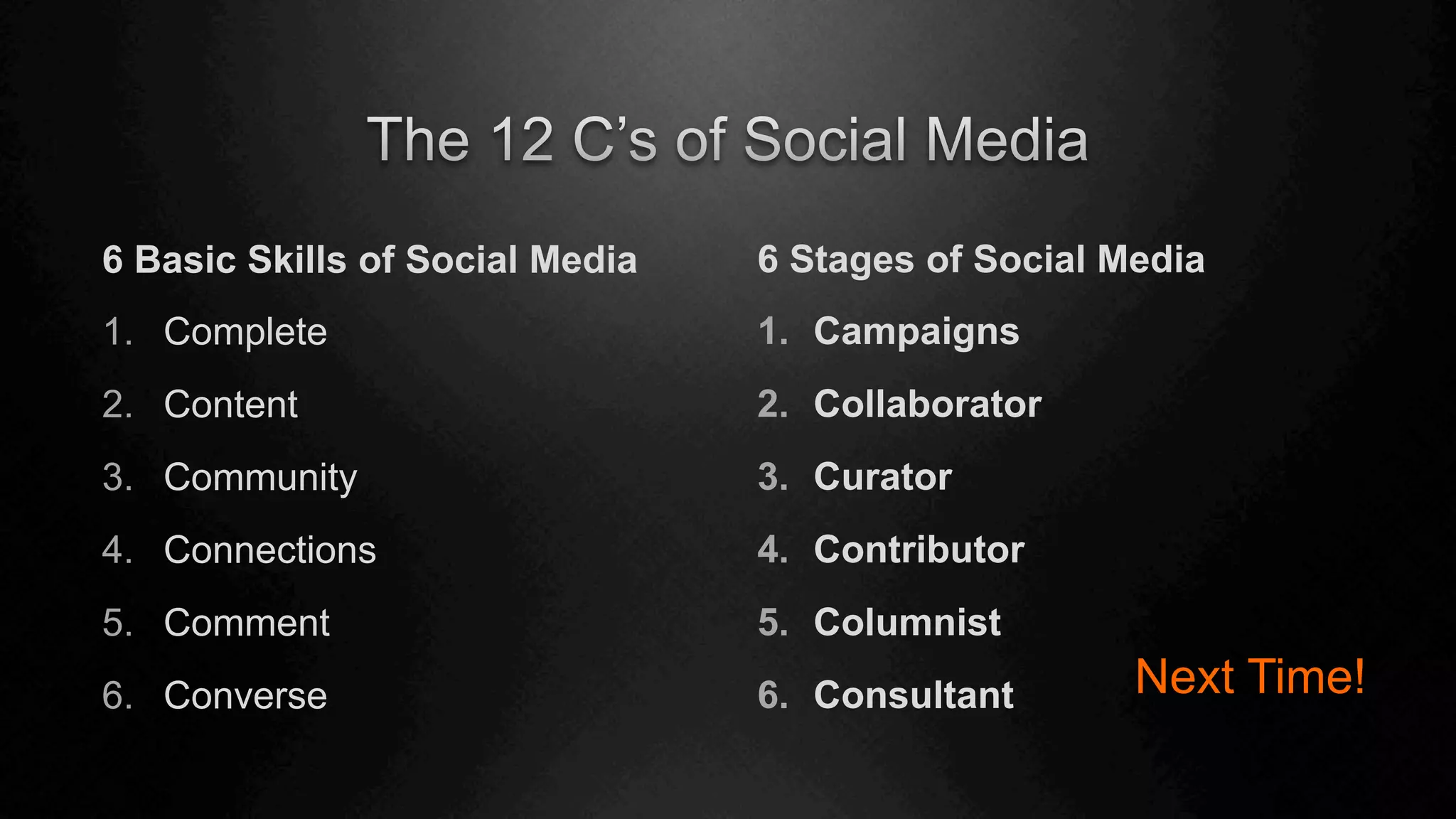 6 Basic Skills of Social Media
1.  Complete
2.  Content
3.  Community
4.  Connections
5.  Comment
6.  Converse
6 Stages of Social Media
1.  Campaigns
2.  Collaborator
3.  Curator
4.  Contributor
5.  Columnist
6.  Consultant Next Time!
 