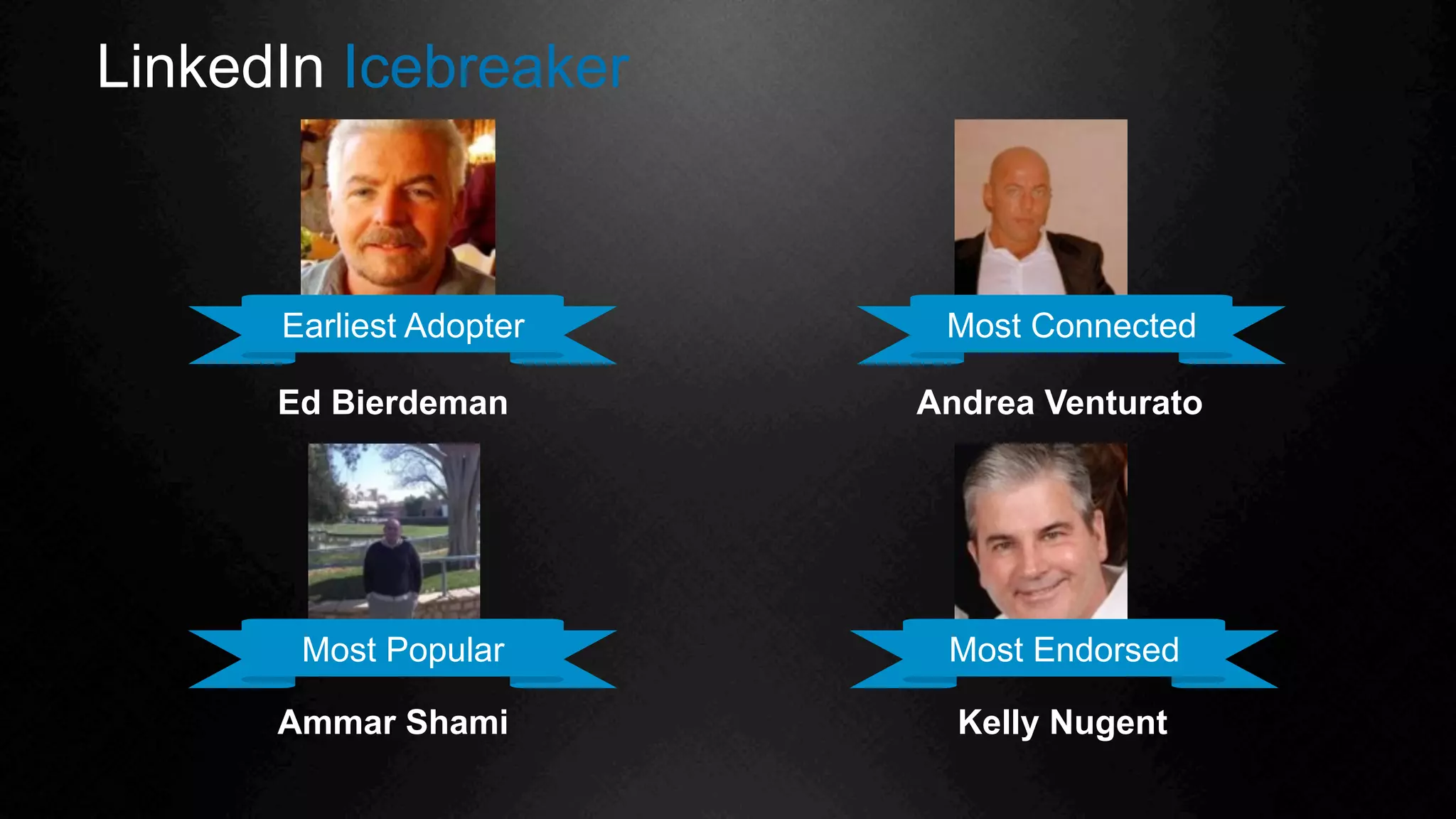 Earliest Adopter
Ed Bierdeman
Most Popular
Ammar Shami
LinkedIn Icebreaker
Most Connected
Andrea Venturato
Most Endorsed
Kelly Nugent
 