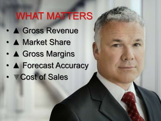 WHAT MATTERS
•   ▲ Gross Revenue
•   ▲ Market Share
•   ▲ Gross Margins
•   ▲ Forecast Accuracy
•    Cost of Sales
 
