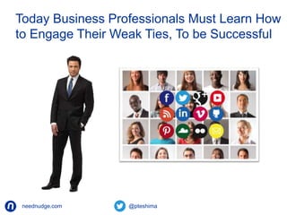 Today Business Professionals Must Learn How 
to Engage Their Weak Ties, To be Successful 
neednudge.com All Rights Reserved Nudge Software Inc. 2014 
 