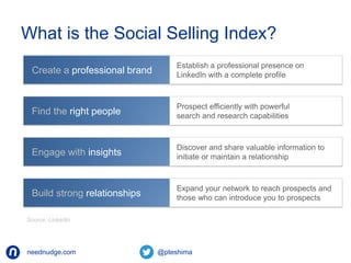 What is the Social Selling Index? 
Establish a professional presence on 
LinkedIn with a complete profile Create a professional brand 
Prospect efficiently with powerful 
search and research capabilities Find the right people 
Discover and share valuable information to 
initiate or maintain a relationship Engage with insights 
Expand your network to reach prospects and 
those who can introduce you to prospects Build strong relationships 
Source: Linkedin 
neednudge.com All Rights Reserved Nudge Software Inc. 2014 
 