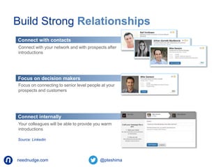 Build Strong Relationships 
Connect with contacts 
Connect with your network and with prospects after 
introductions 
Focus on decision makers 
Focus on connecting to senior level people at your 
prospects and customers 
Connect internally 
Your colleagues will be able to provide you warm 
introductions 
Source: Linkedin 
neednudge.com All Rights Reserved Nudge Software Inc. 2014 
 