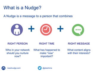 What is a Nudge? 
A Nudge is a message to a person that combines 
RIGHT PERSON 
Who in your network 
should you nurture 
now? 
RIGHT TIME 
What has happened to 
make “now” 
important? 
neednudge.com All Rights Reserved Nudge Software Inc. 2014 
RIGHT MESSAGE 
What content aligns 
with their interests? 
 