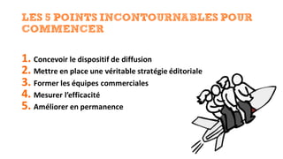 LES 5 POINTS INCONTOURNABLES POUR
COMMENCER
1. Concevoir	le	dispositif	de	diffusion
2. Mettre	en	place	une	véritable	stratégie	éditoriale
3. Former	les	équipes	commerciales
4. Mesurer	l’efficacité
5. Améliorer	en	permanence
 