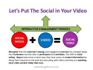 Let’s Put The Social in Your Video
SOCIAL
MEDIA VIDEO SOCIAL
VIDEO
INTERACTIVE ENGAGEMENT PROCESS
Recognize that the customer’s buying and engagement process has changed today.
Your Customers must be able to participate and contribute. The shift to social
selling. Buyers have more control now, they have access to instant information by
doing their research on the web and consulting with others and they are watching
more video content today than ever.
www.douglehman.com
 