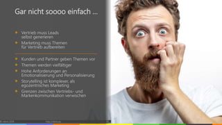 © vibrio 2019 http://vibrio.eu 36
Gar nicht soooo einfach …
Vertrieb muss Leads
selbst generieren
Marketing muss Themen
für Vertrieb aufbereiten
Kunden und Partner geben Themen vor
Themen werden vielfältiger
Hohe Anforderungen an
Emotionalisierung und Personalisierung
Storytelling ist komplexer, als
egozentrisches Marketing
Grenzen zwischen Vertriebs- und
Markenkommunikation verwischen
 